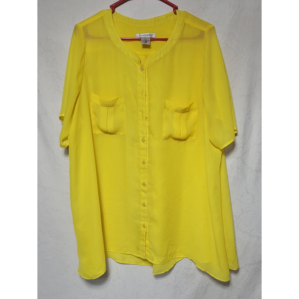 Roaming Womens Short Aleeve Sheer Yellow Blouse Pockets Size 20W